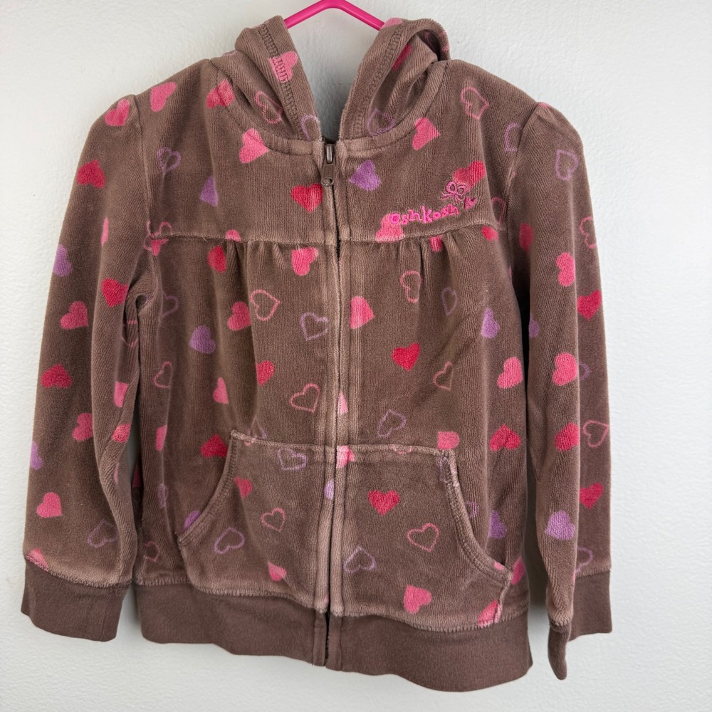 OshKosh 3T‎ Brown Velour Heart Hoodie Zip Up Y2K Toddler Jacket Girls